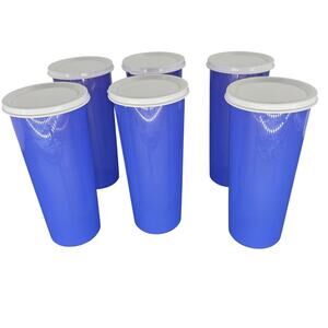 Set of 6 Tupperware Blue Plastic Tumbler Cups 16oz Straight Sided White Lids